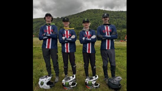 Outlaw Bike Team athletes competing in Poland. (L-R) Ryder Lawrence (supported by Outlaw at race), Luke Mallen, Alex Mallen, and Drake Parker.